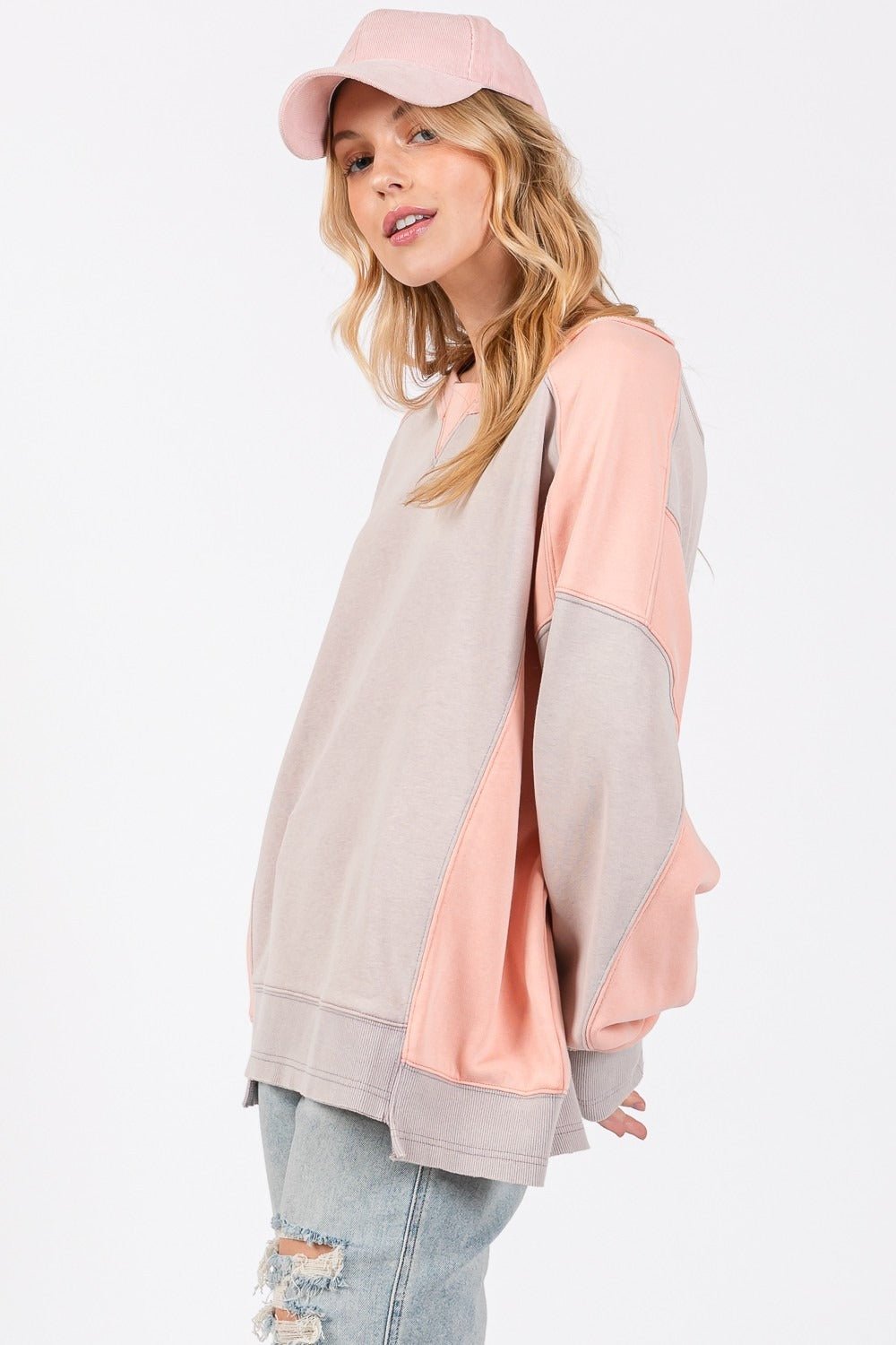 SAGE + FIG Color Block Round Neck Sweatshirt - Sweatshirt - Gray/Peach - Bella Bourget