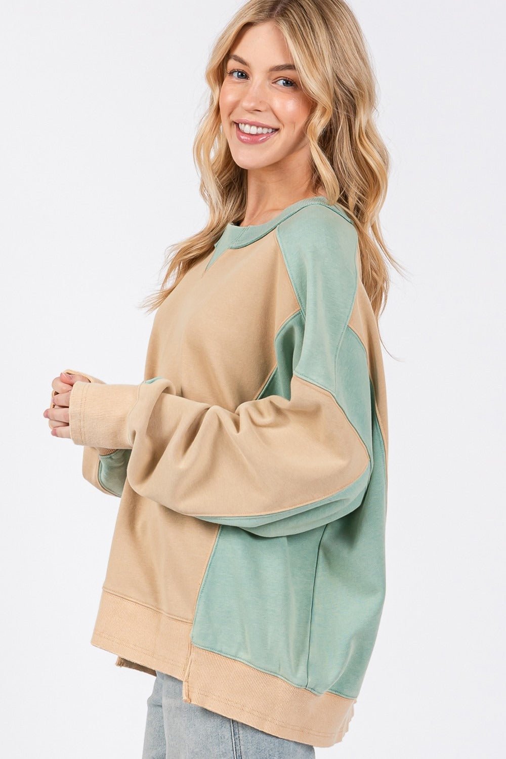 SAGE + FIG Color Block Round Neck Sweatshirt - Sweatshirt - Cookie/Green - Bella Bourget