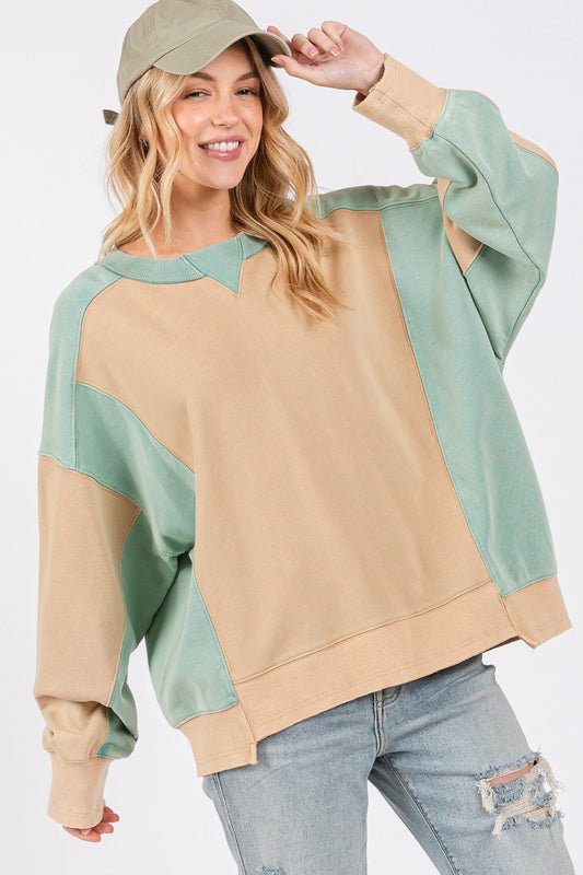 SAGE + FIG Color Block Round Neck Sweatshirt - Sweatshirt - Cookie/Green - Bella Bourget