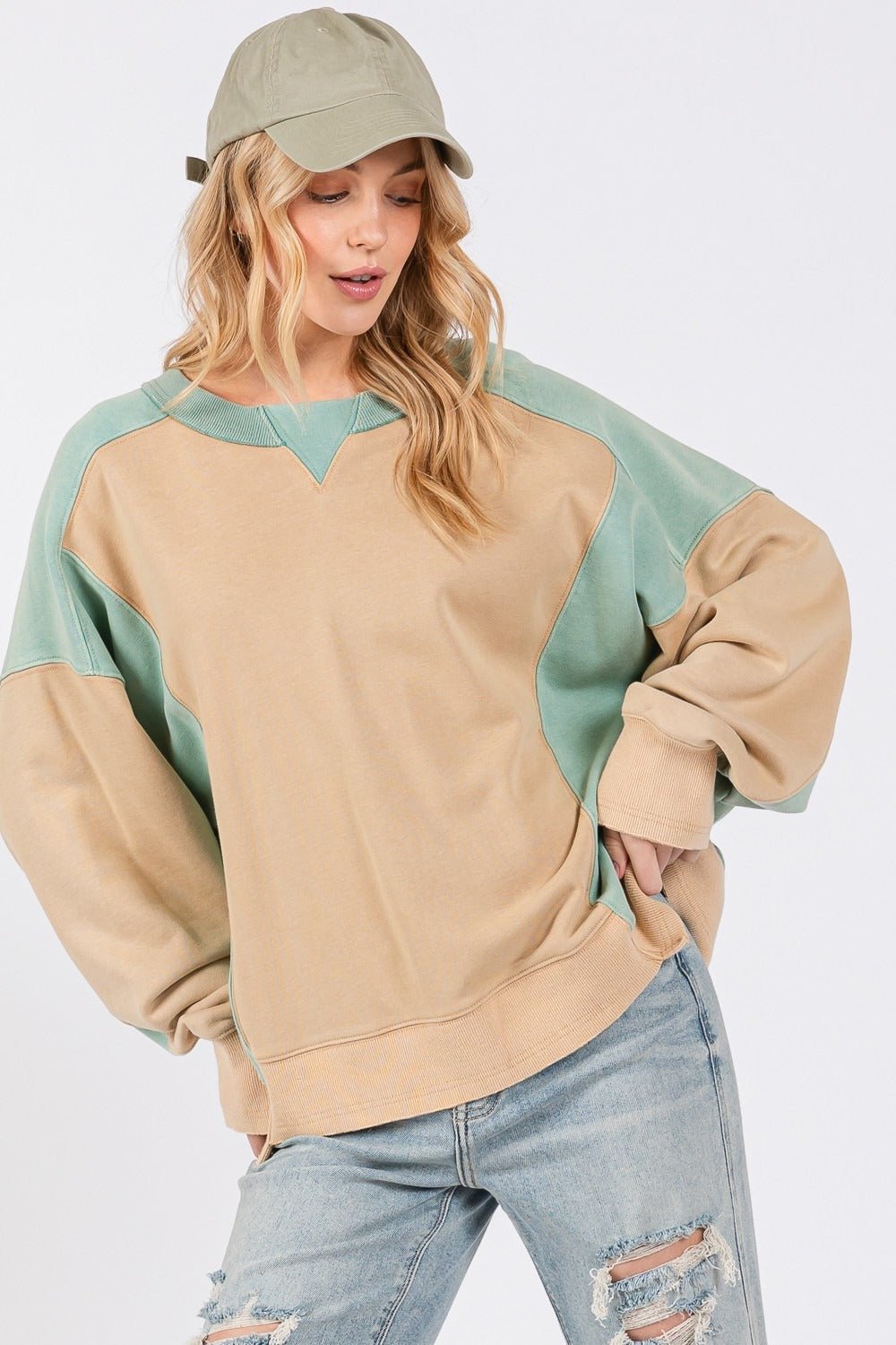 SAGE + FIG Color Block Round Neck Sweatshirt - Sweatshirt - Cookie/Green - Bella Bourget