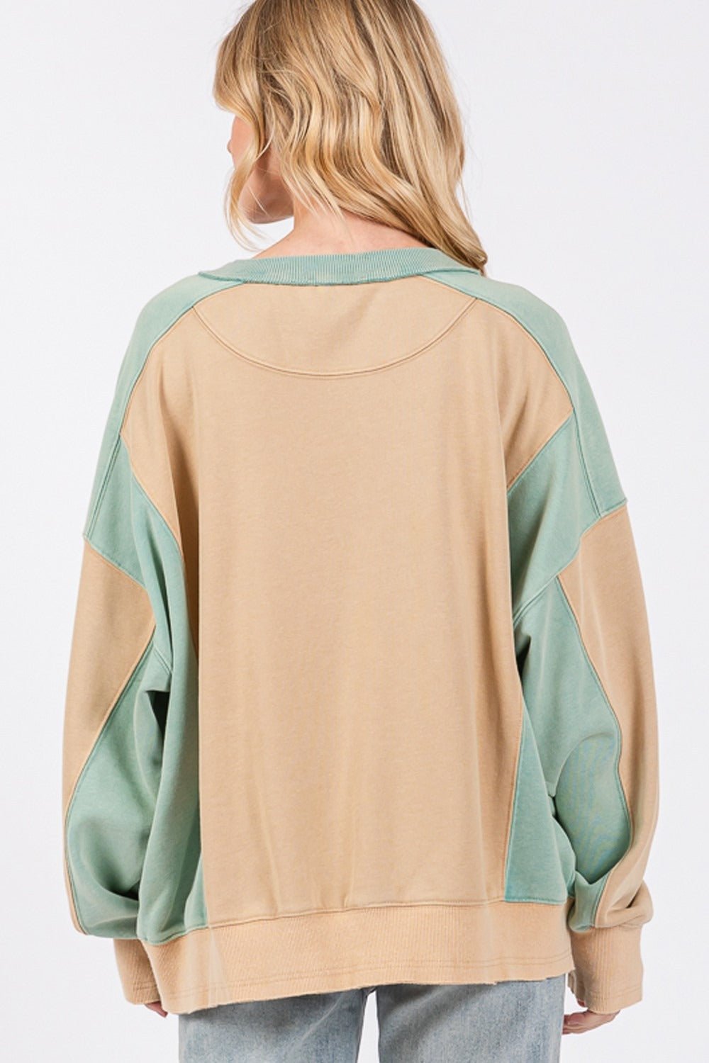 SAGE + FIG Color Block Round Neck Sweatshirt - Sweatshirt - Cookie/Green - Bella Bourget