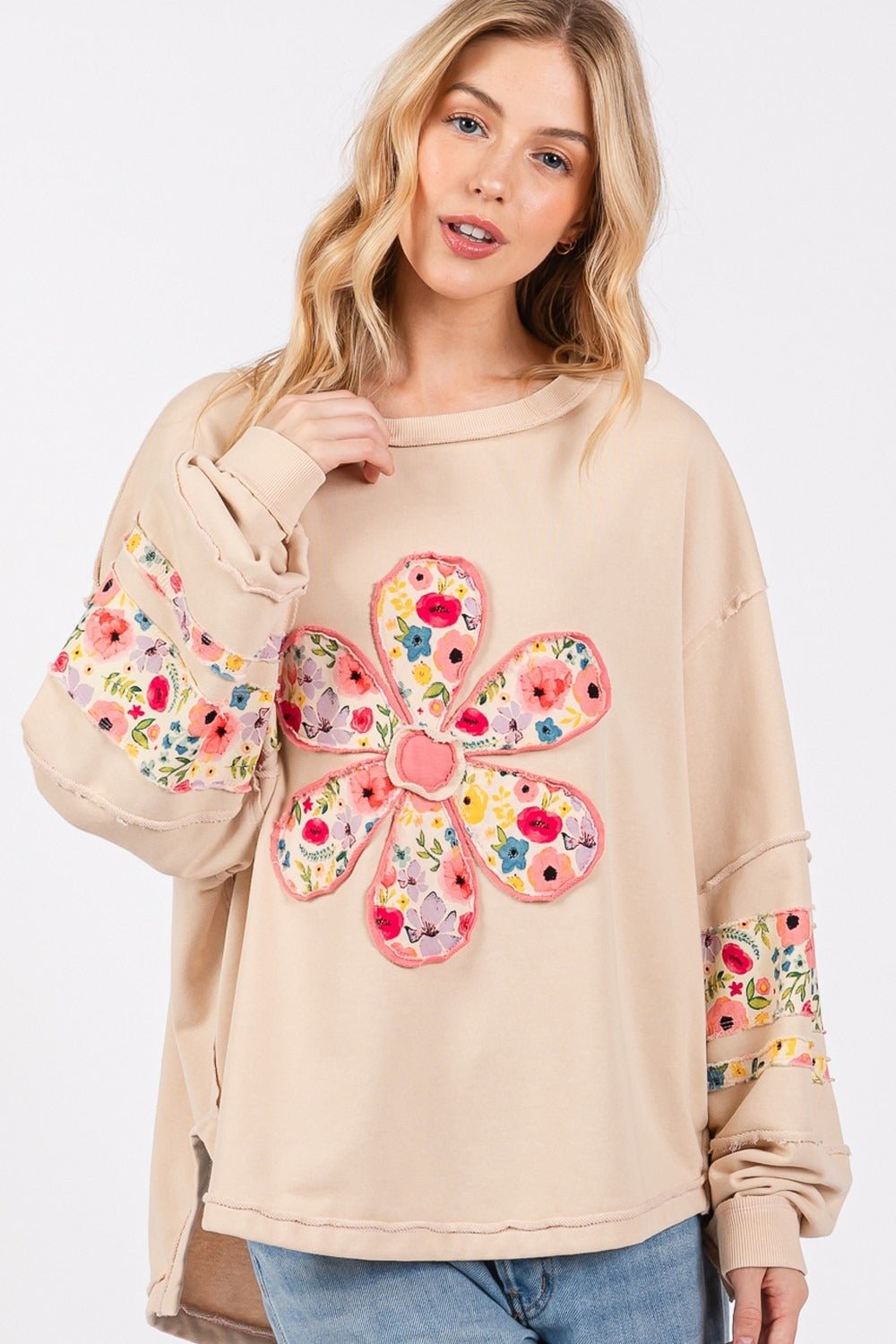 SAGE + FIG Daisy Patch Applique Long Sleeve Sweatshirt - Sweatshirt - Oatmeal - Bella Bourget