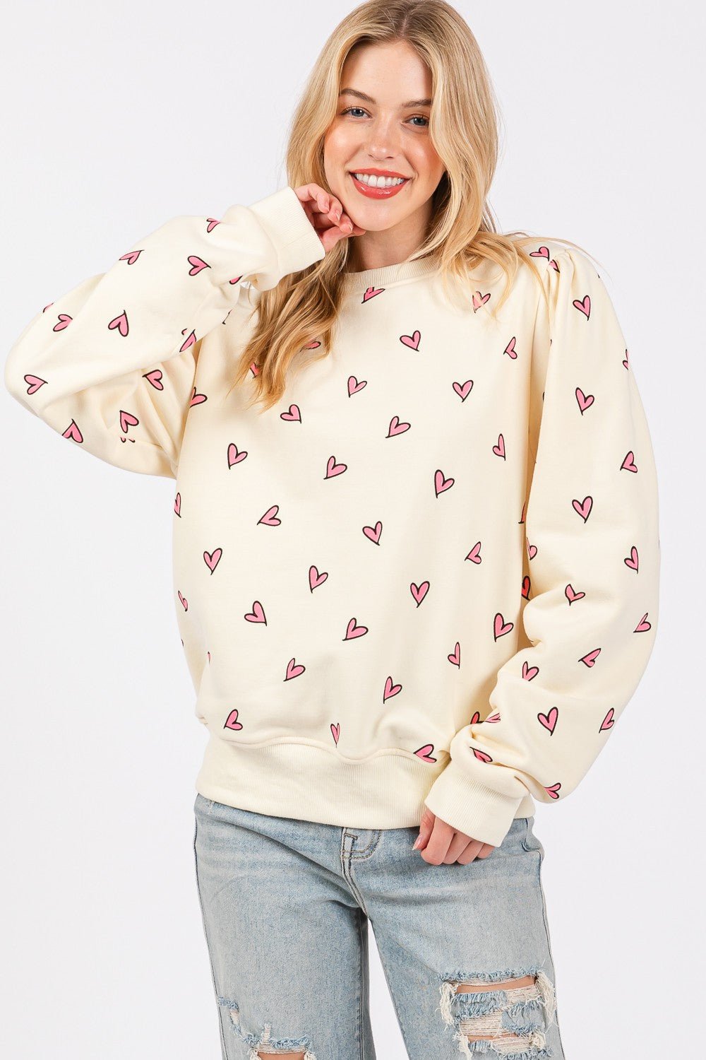 SAGE + FIG Heart Printed Contrast Long Sleeve Sweatshirt - Sweatshirt - Cream - Bella Bourget