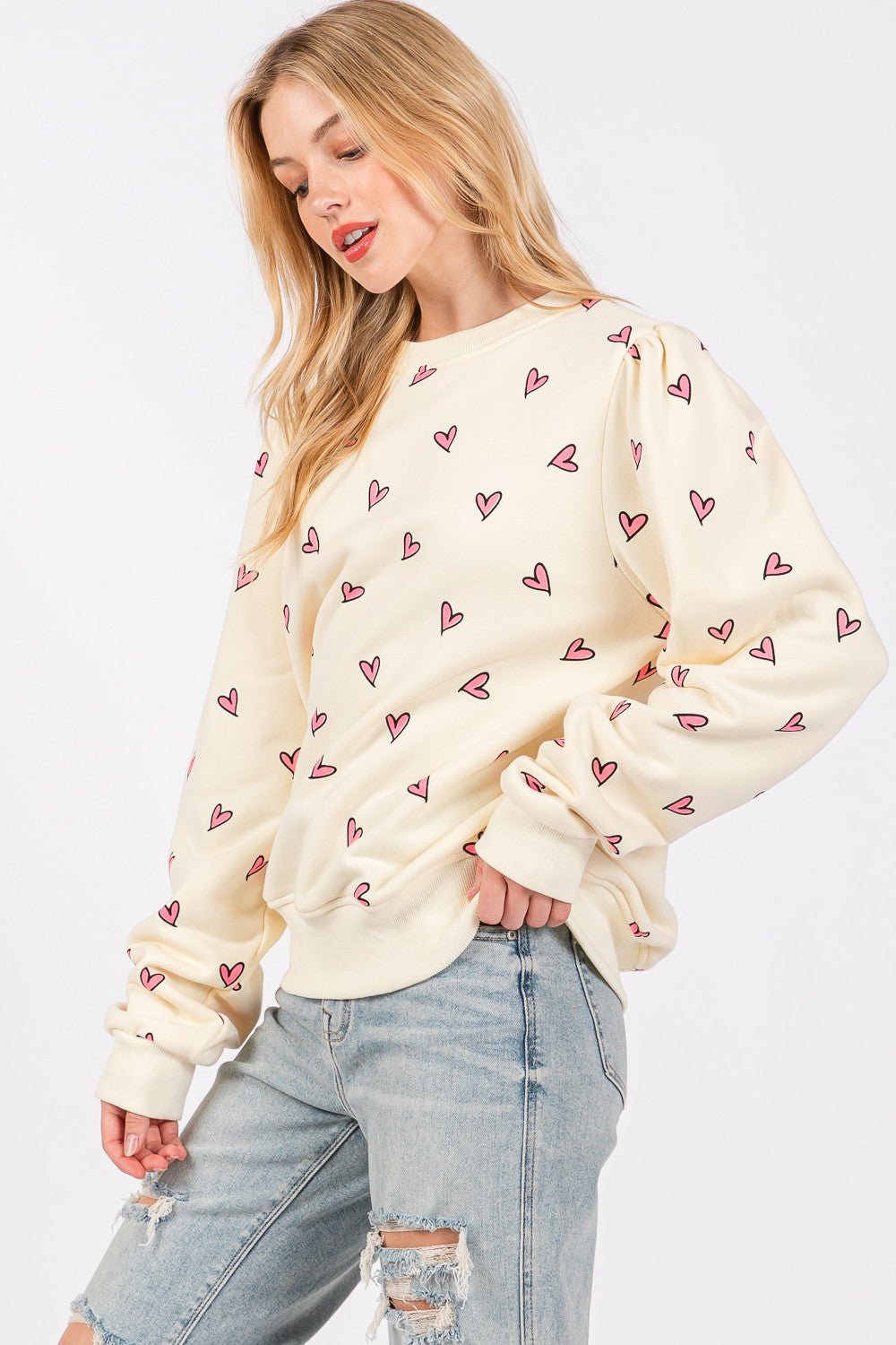 SAGE + FIG Heart Printed Contrast Long Sleeve Sweatshirt - Sweatshirt - Cream - Bella Bourget