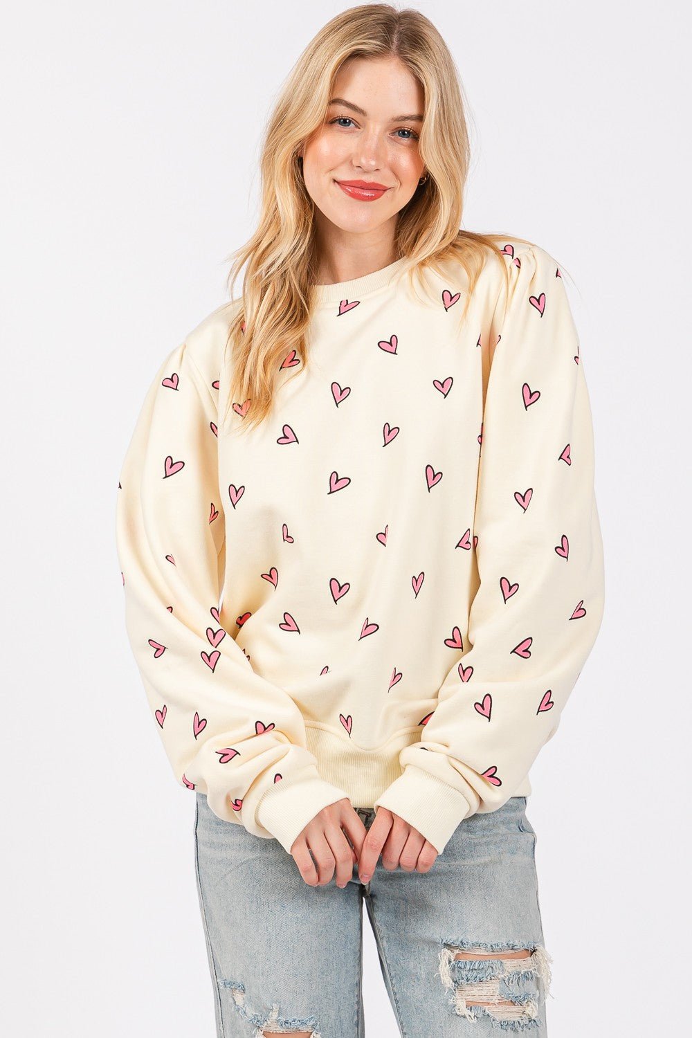 SAGE + FIG Heart Printed Contrast Long Sleeve Sweatshirt - Sweatshirt - Cream - Bella Bourget