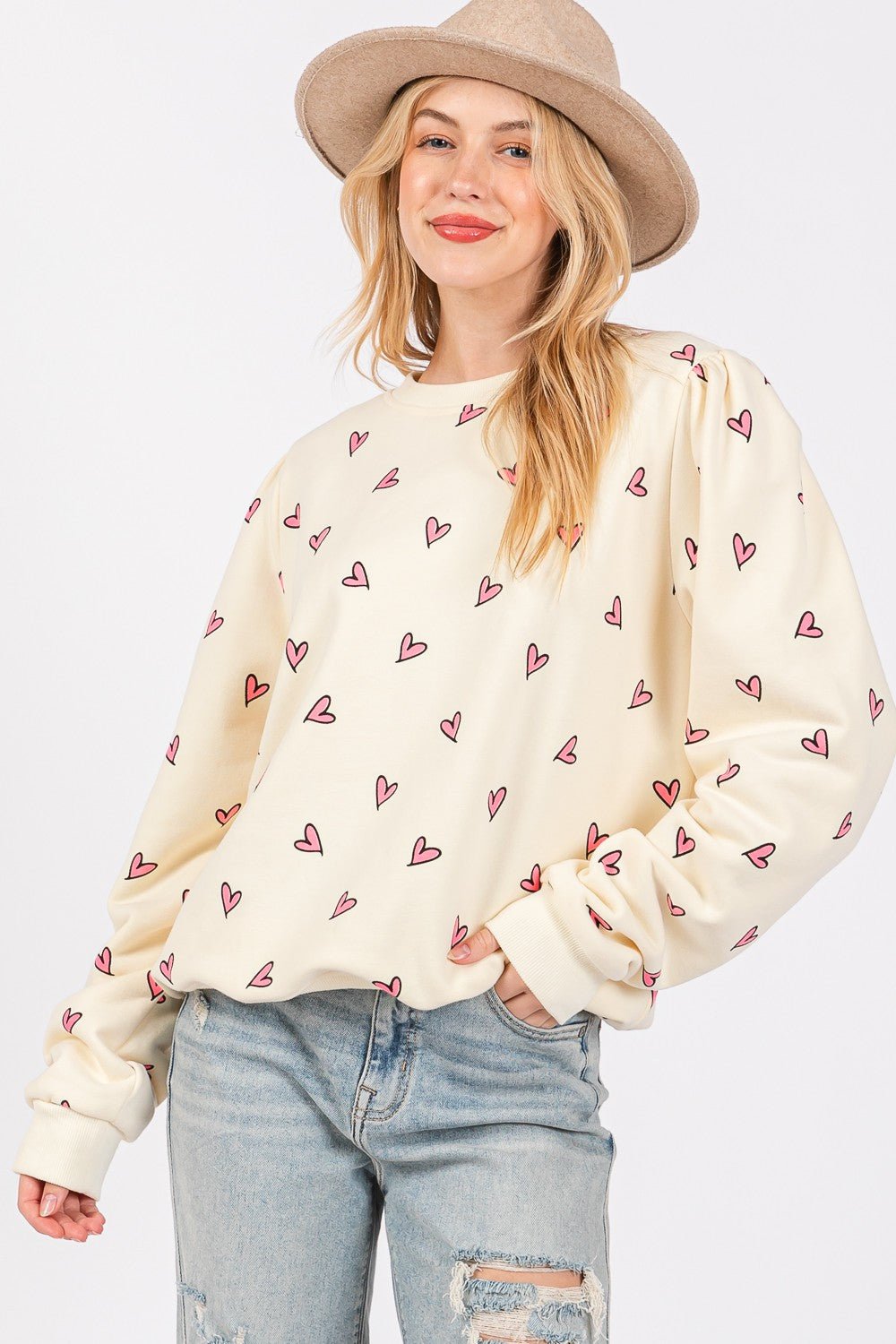 SAGE + FIG Heart Printed Contrast Long Sleeve Sweatshirt - Sweatshirt - Cream - Bella Bourget