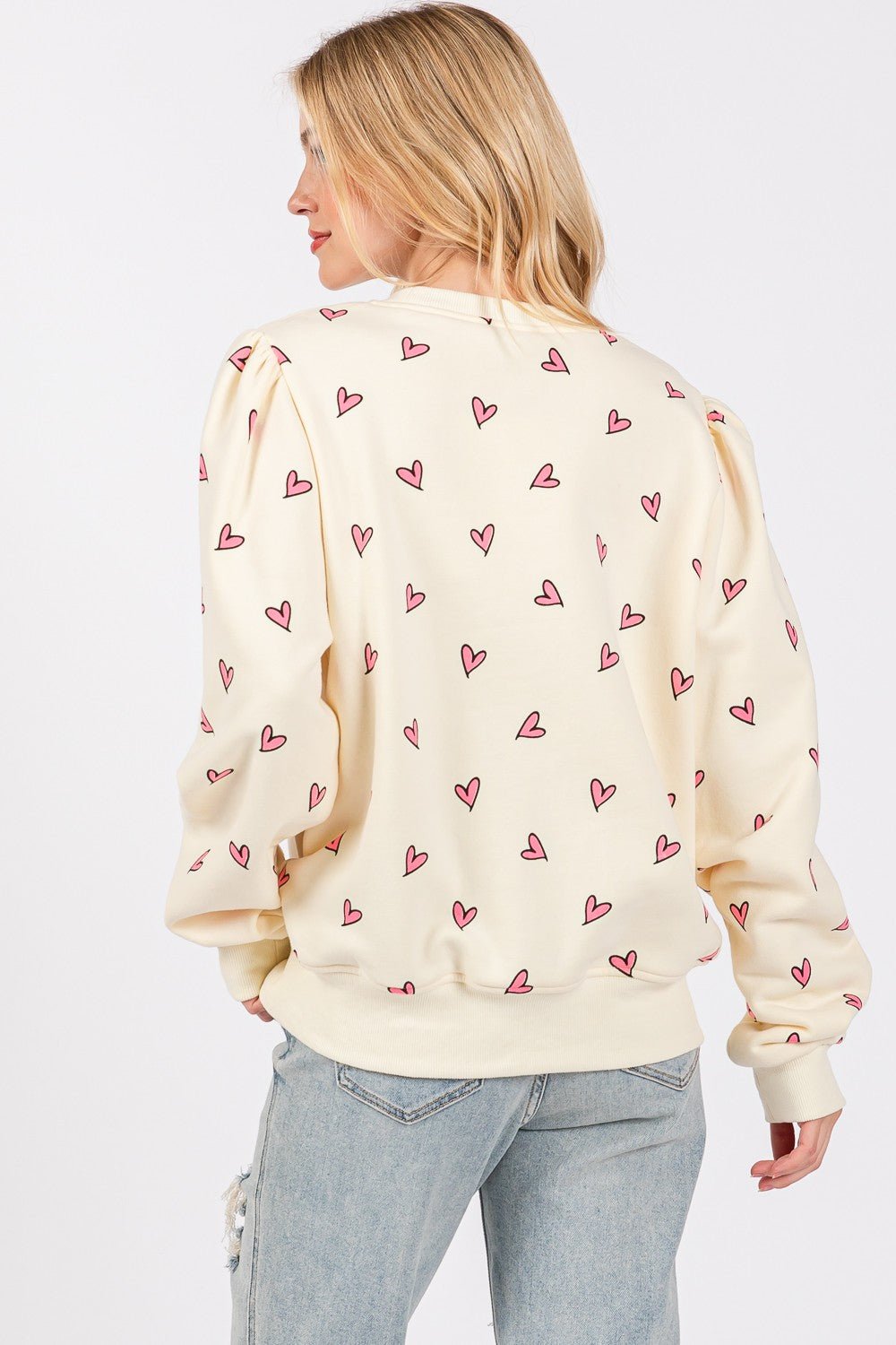 SAGE + FIG Heart Printed Contrast Long Sleeve Sweatshirt - Sweatshirt - Cream - Bella Bourget