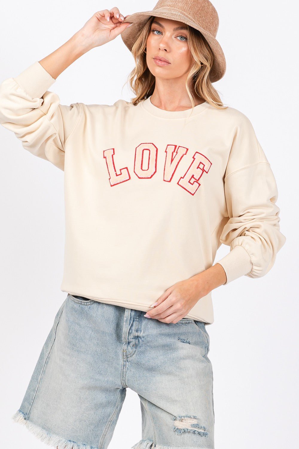 SAGE + FIG LOVE Path Applique Drop Shoulder Sweatshirt - Sweatshirt - Ivory - Bella Bourget