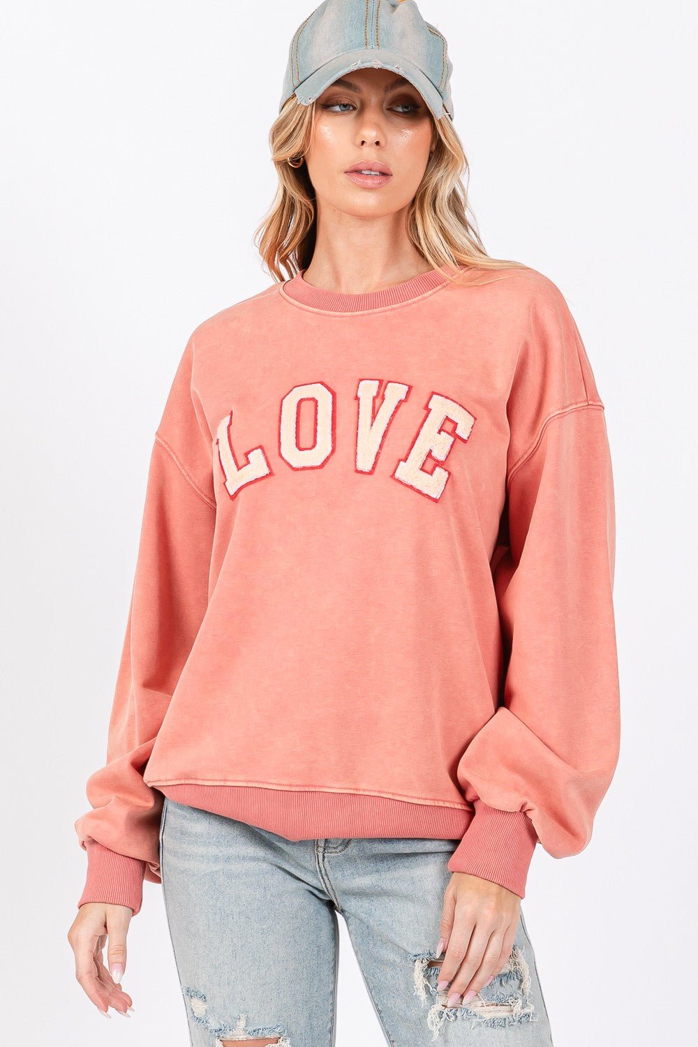 SAGE + FIG LOVE Path Applique Drop Shoulder Sweatshirt - Sweatshirt - Pink Orange - Bella Bourget