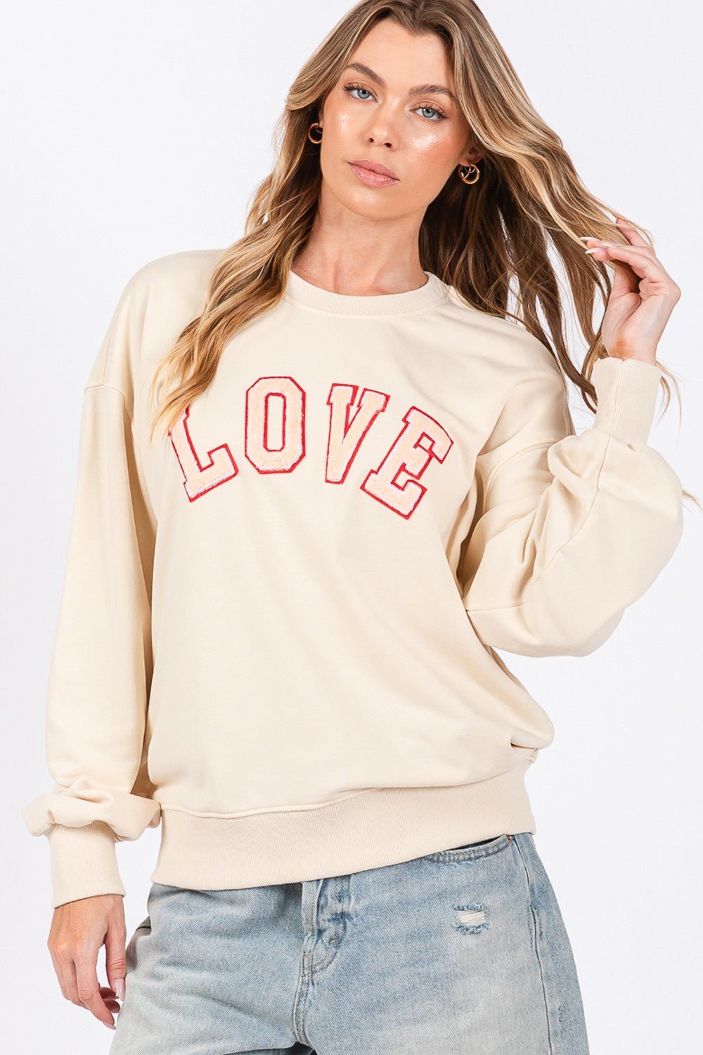 SAGE + FIG LOVE Path Applique Drop Shoulder Sweatshirt - Sweatshirt - Ivory - Bella Bourget