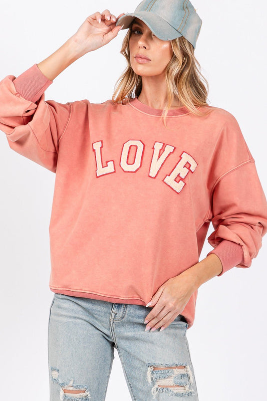 SAGE + FIG LOVE Path Applique Drop Shoulder Sweatshirt - Sweatshirt - Pink Orange - Bella Bourget