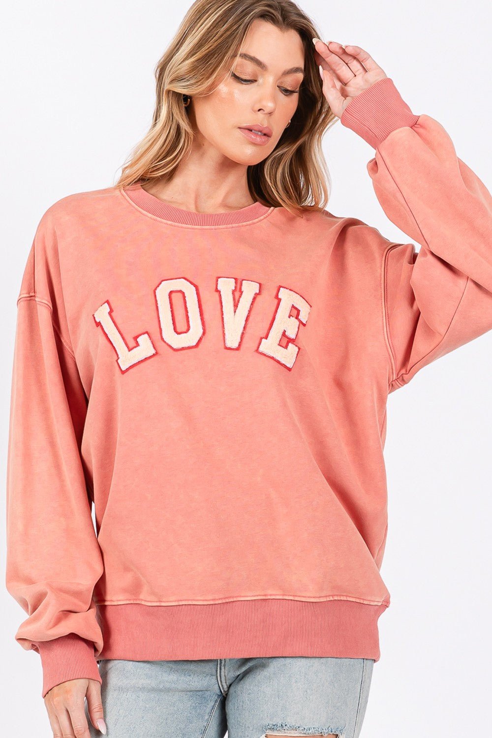 SAGE + FIG LOVE Path Applique Drop Shoulder Sweatshirt - Sweatshirt - Pink Orange - Bella Bourget