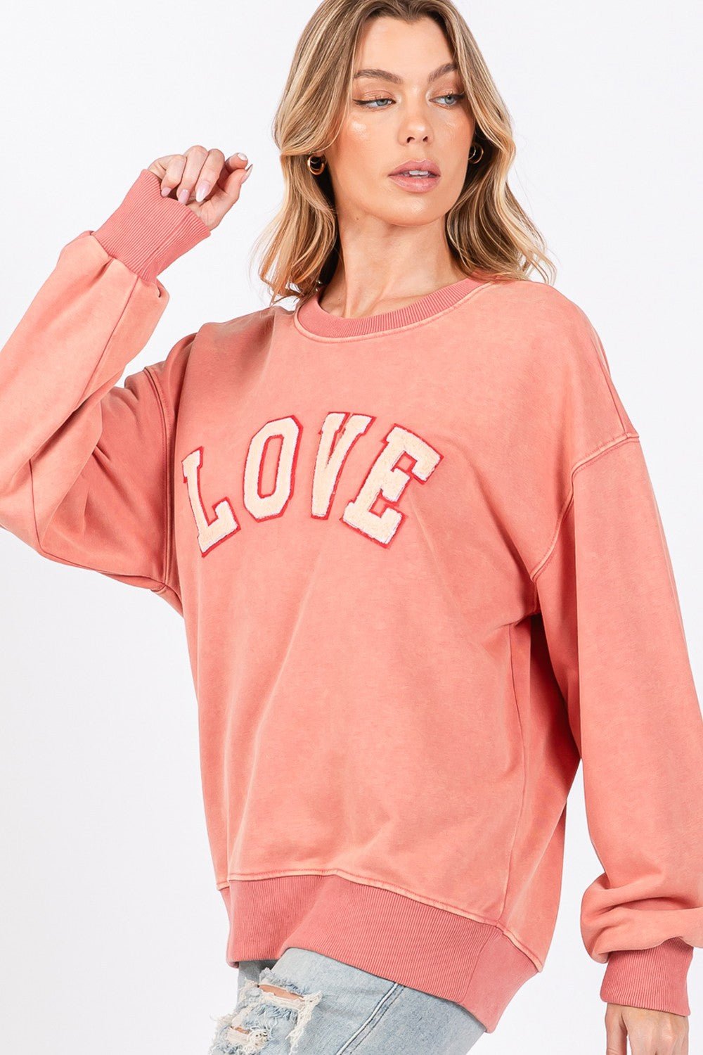 SAGE + FIG LOVE Path Applique Drop Shoulder Sweatshirt - Sweatshirt - Pink Orange - Bella Bourget