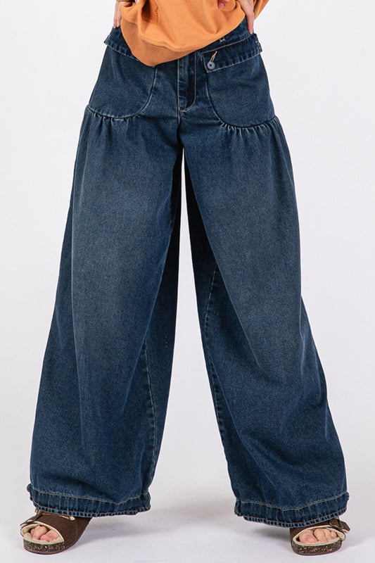 SAGE + FIG Mid - Rise Cargo Jeans with Pockets - Jeans - Denim Blue - Bella Bourget