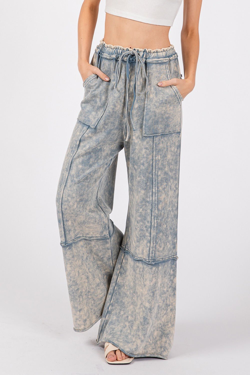 SAGE + FIG Mineral Washed Terry Wide Leg Pants - Pants - Slate Blue - Bella Bourget