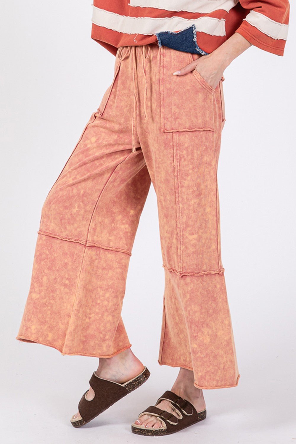 SAGE + FIG Mineral Washed Terry Wide Leg Pants - Pants - Raspberry - Bella Bourget