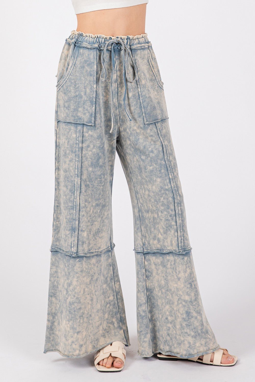 SAGE + FIG Mineral Washed Terry Wide Leg Pants - Pants - Slate Blue - Bella Bourget