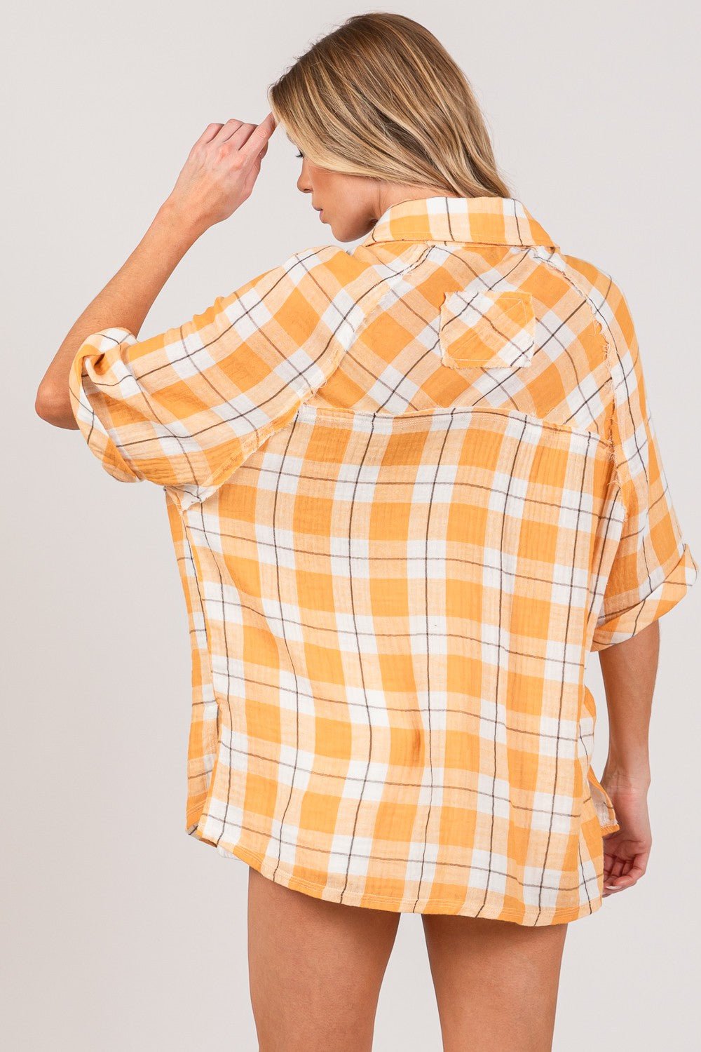 SAGE + FIG Plaid Button Up Side Slit Shirt - Top - APRICOT - Bella Bourget