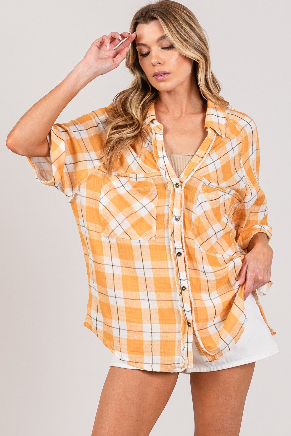 SAGE + FIG Plaid Button Up Side Slit Shirt - Top - APRICOT - Bella Bourget