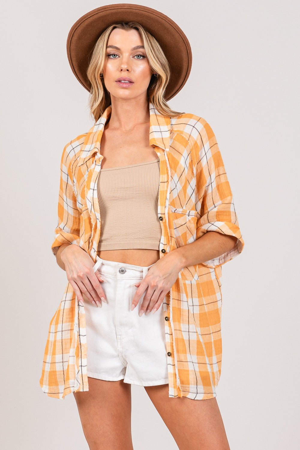 SAGE + FIG Plaid Button Up Side Slit Shirt - Top - APRICOT - Bella Bourget