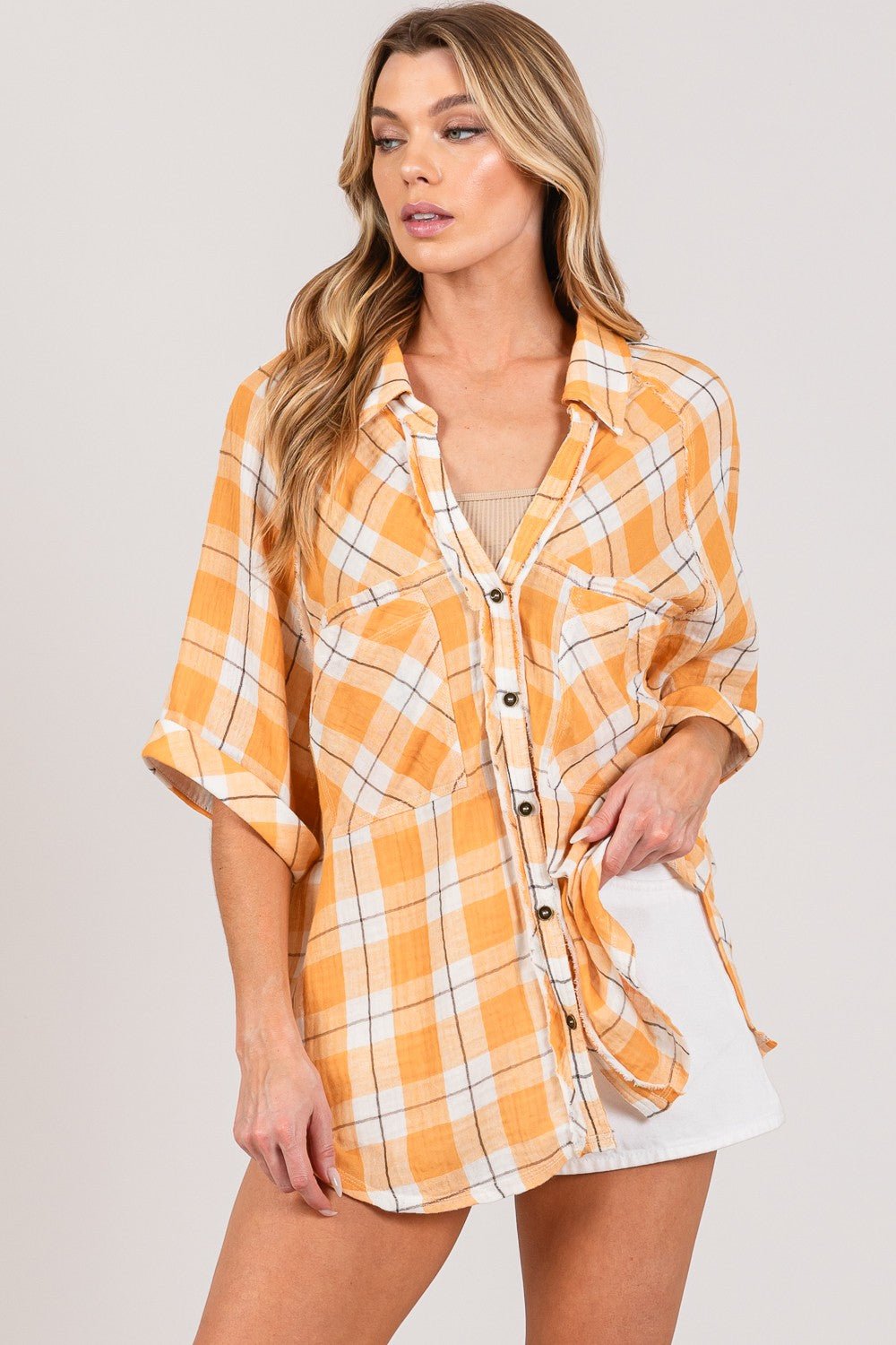 SAGE + FIG Plaid Button Up Side Slit Shirt - Top - APRICOT - Bella Bourget