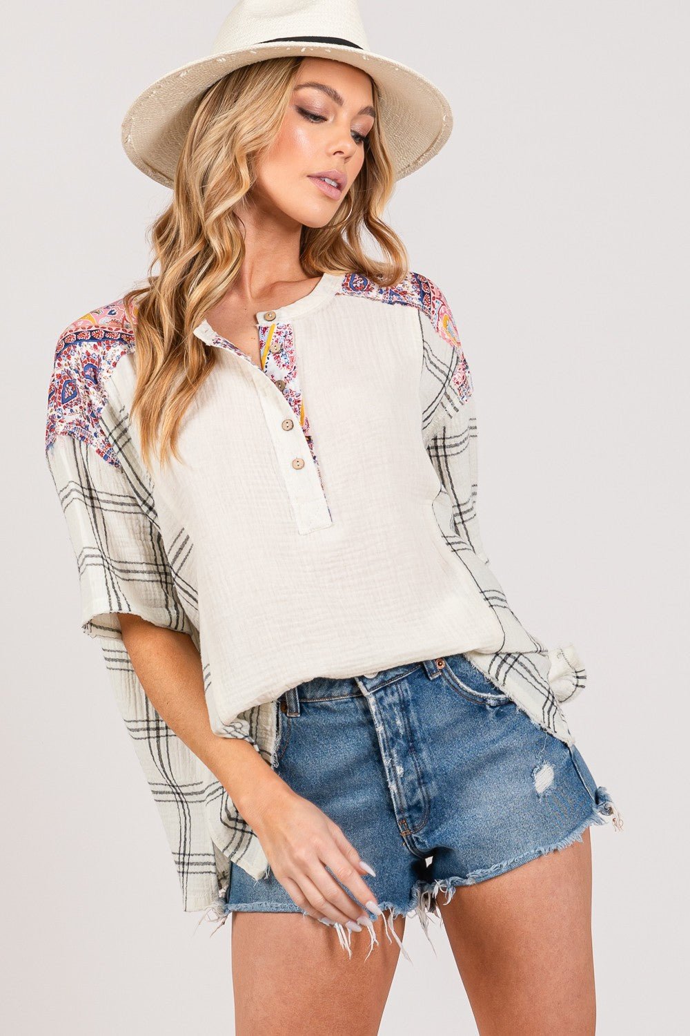 SAGE + FIG Plaid Half Button Gauze Top - Top - Ivory - Bella Bourget