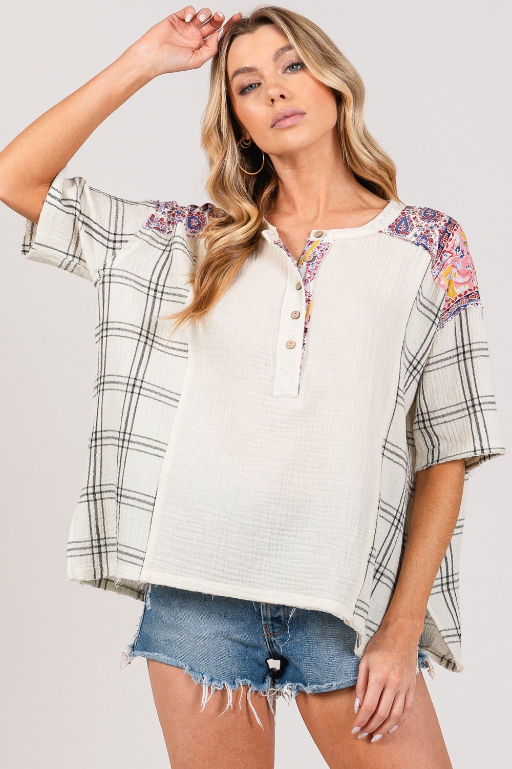 SAGE + FIG Plaid Half Button Gauze Top - Top - Ivory - Bella Bourget