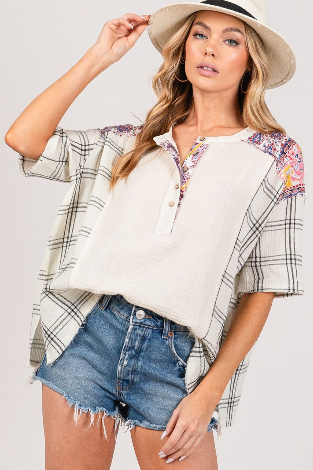 SAGE + FIG Plaid Half Button Gauze Top - Top - Ivory - Bella Bourget