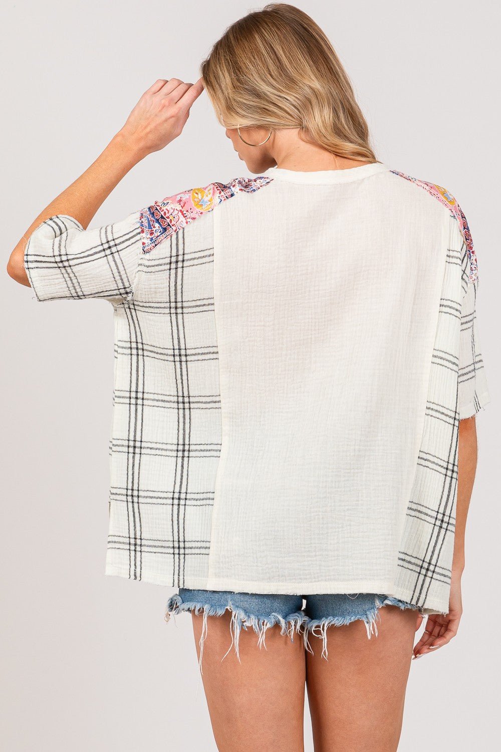 SAGE + FIG Plaid Half Button Gauze Top - Top - Ivory - Bella Bourget