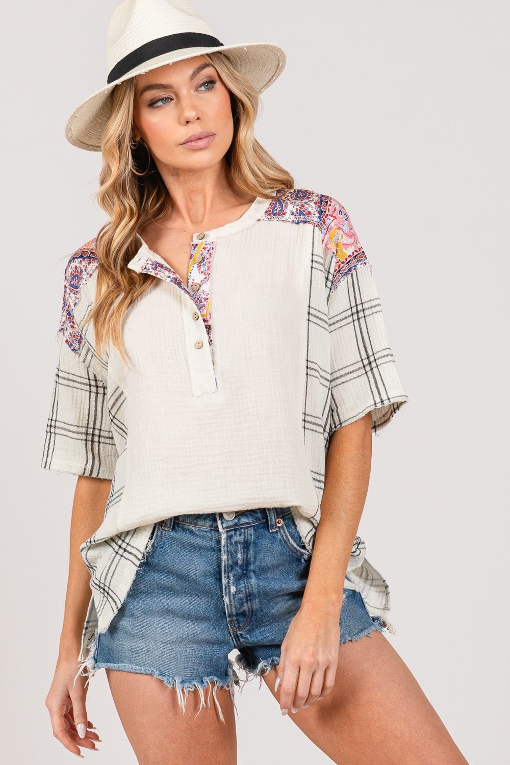 SAGE + FIG Plaid Half Button Gauze Top - Top - Ivory - Bella Bourget