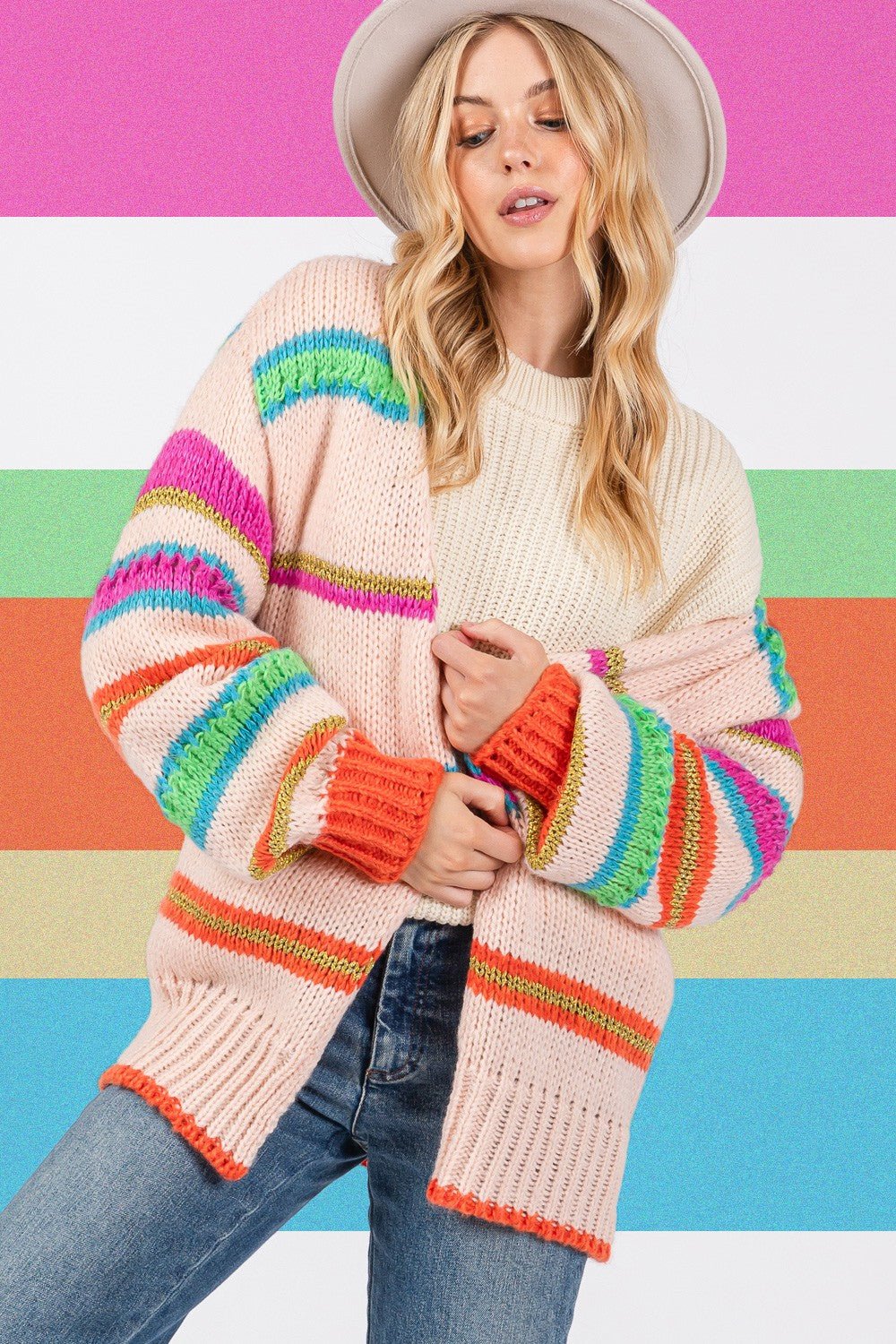 SAGE + FIG Rainbow Striped Open Front Knit Cardigan - Cardigan - Multi - Bella Bourget