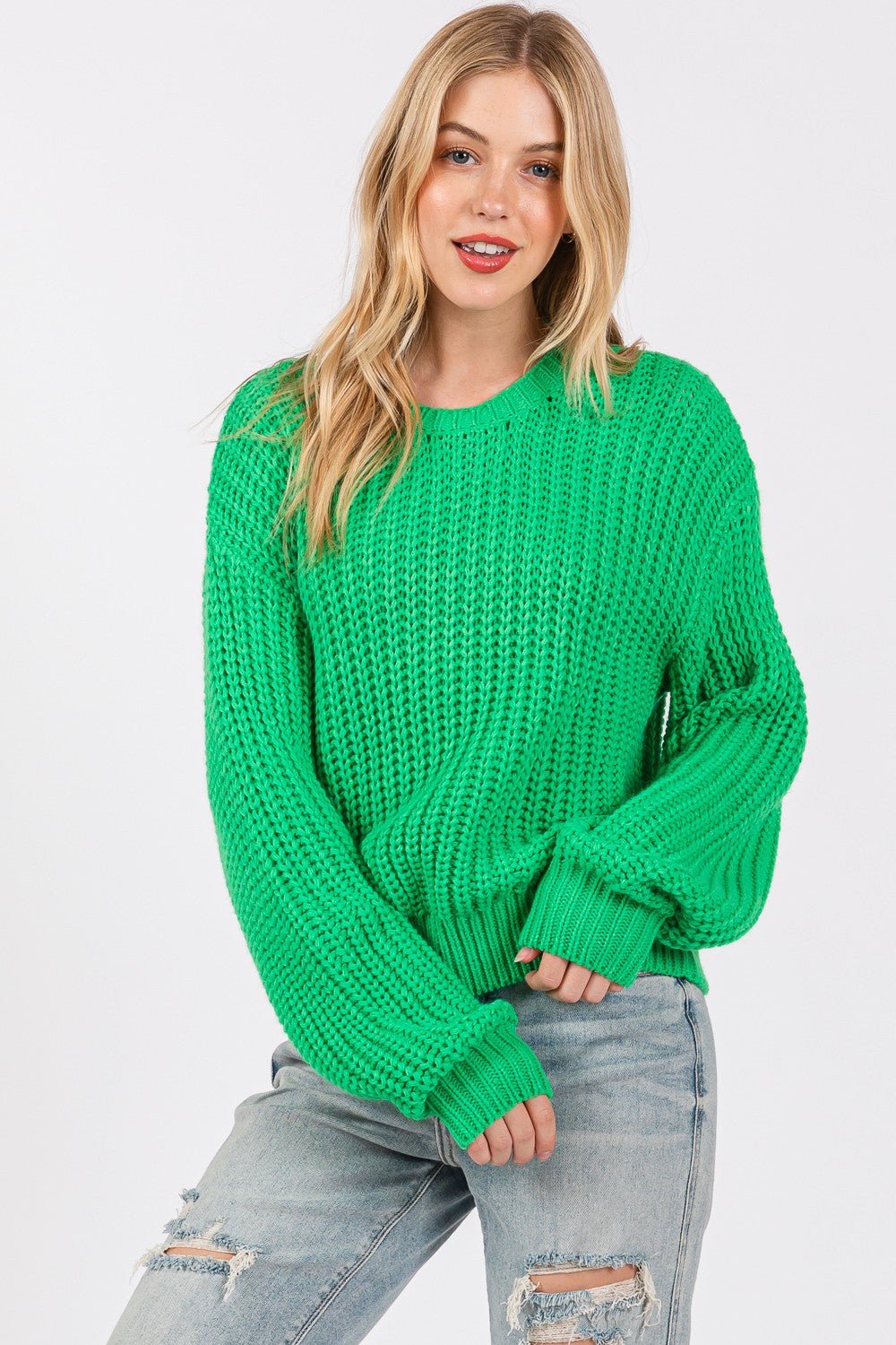 SAGE + FIG Round Neck Drop Shoulder Sweater - Sweater - Green - Bella Bourget