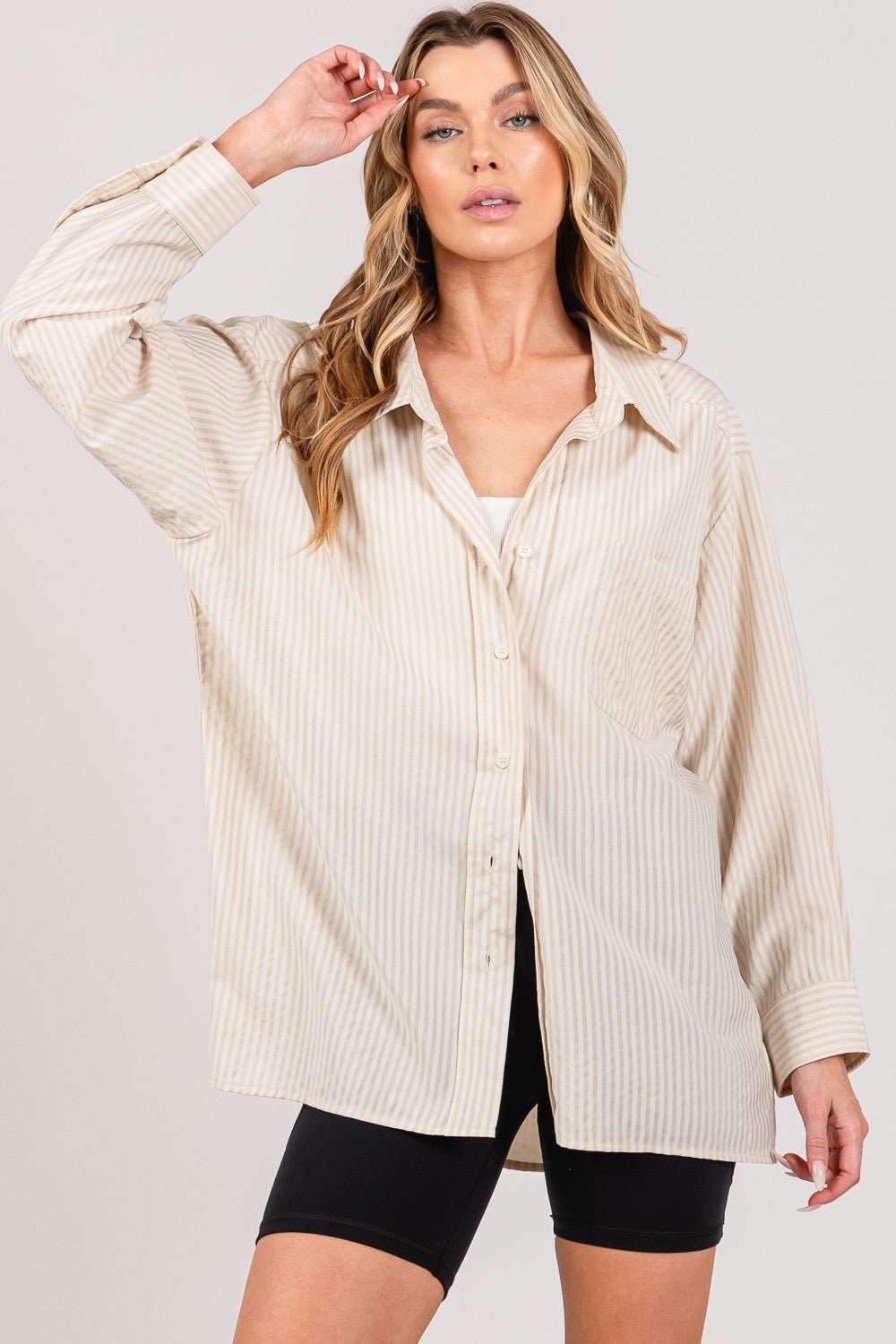 SAGE + FIG Striped Button Up Long Sleeve Shirt - Top - TAUPE - Bella Bourget