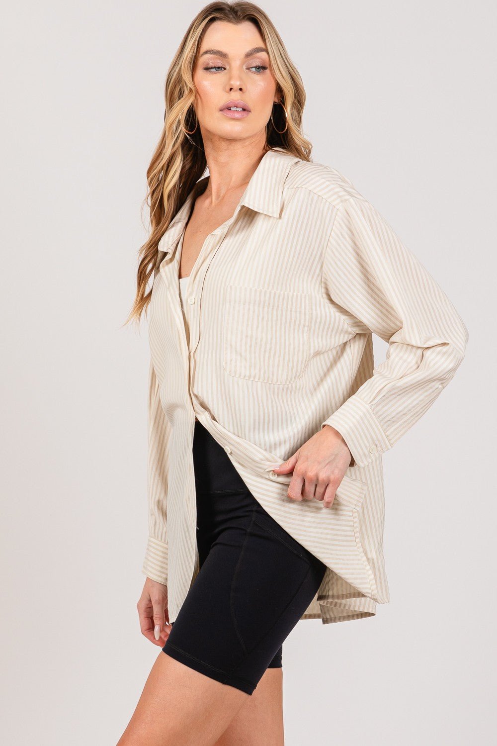 SAGE + FIG Striped Button Up Long Sleeve Shirt - Top - TAUPE - Bella Bourget