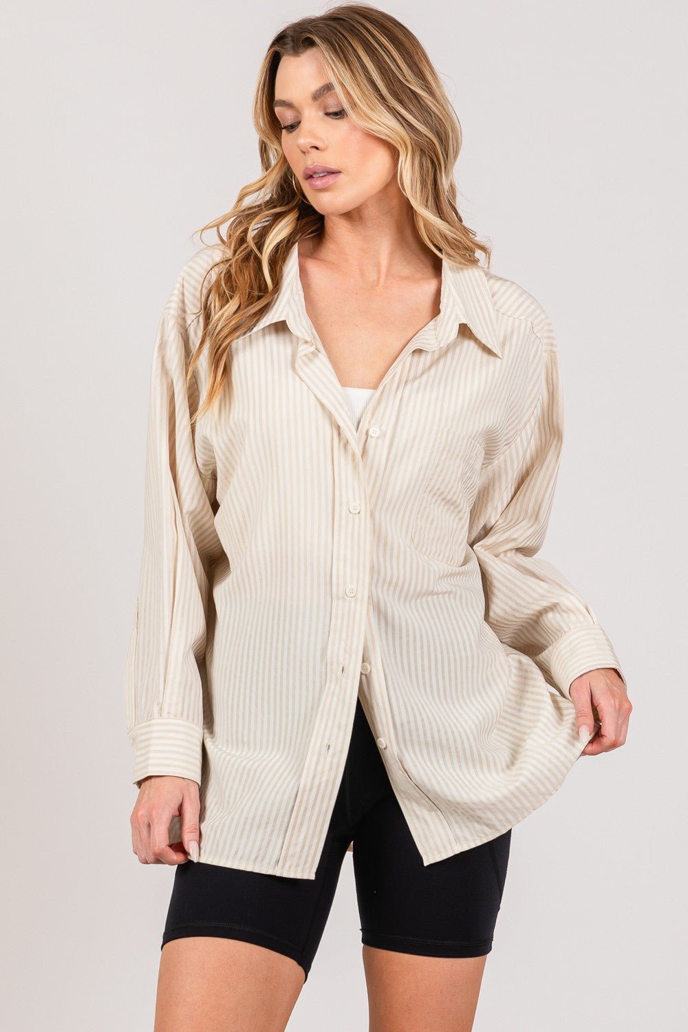 SAGE + FIG Striped Button Up Long Sleeve Shirt - Top - TAUPE - Bella Bourget