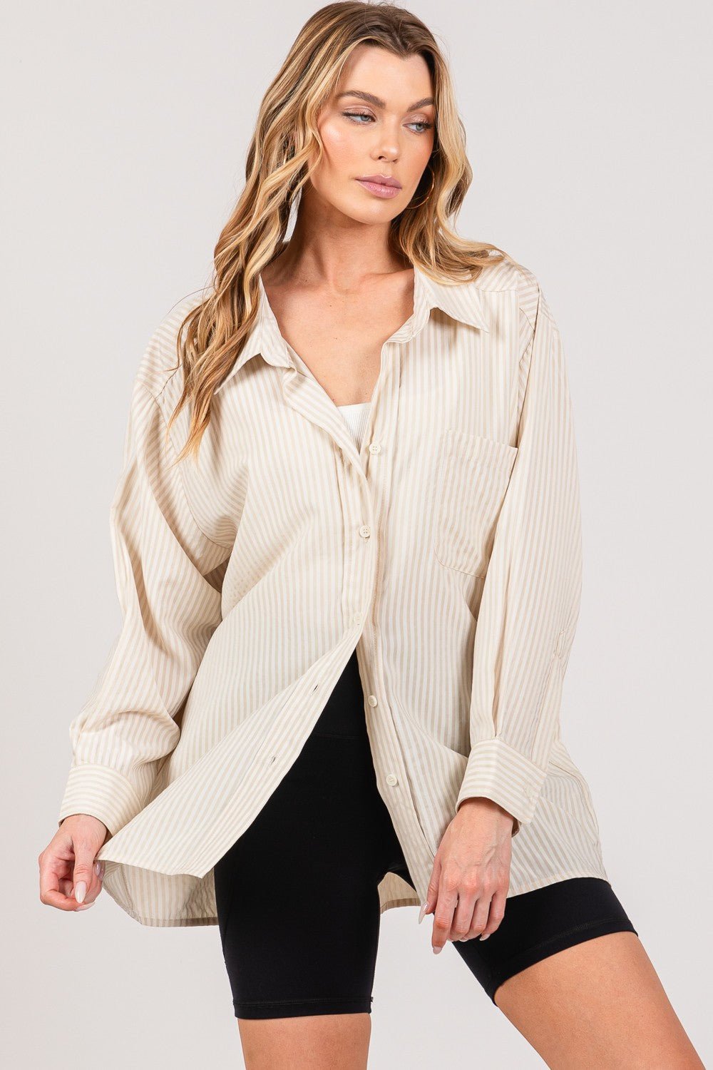 SAGE + FIG Striped Button Up Long Sleeve Shirt - Top - TAUPE - Bella Bourget