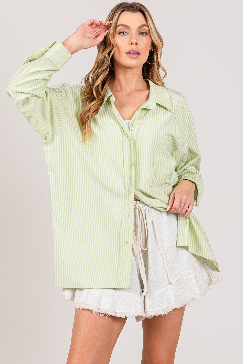 SAGE + FIG Striped Button Up Long Sleeve Shirt - Top - SAGE - Bella Bourget