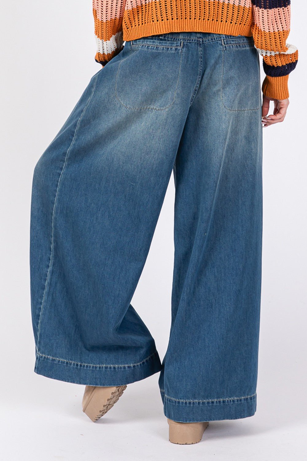 SAGE+FIG Smocked Waist Band Wide Leg Jeans - Jeans - Denim Blue - Bella Bourget