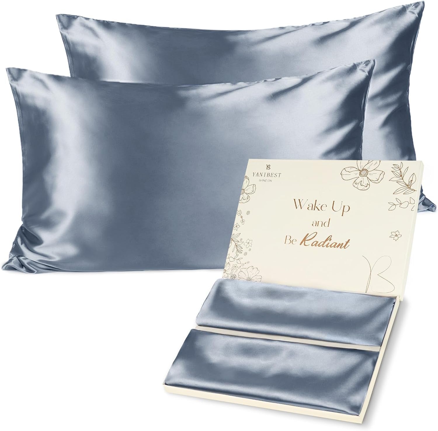 Satin Pillowcase, Silk Pillow Cases for Hair and Skin with Zipper, Queen Pillow Cases Set of 2 for 20"X30", Exquisite Packaging for Women Men - Ash Blue - Bella Bourget