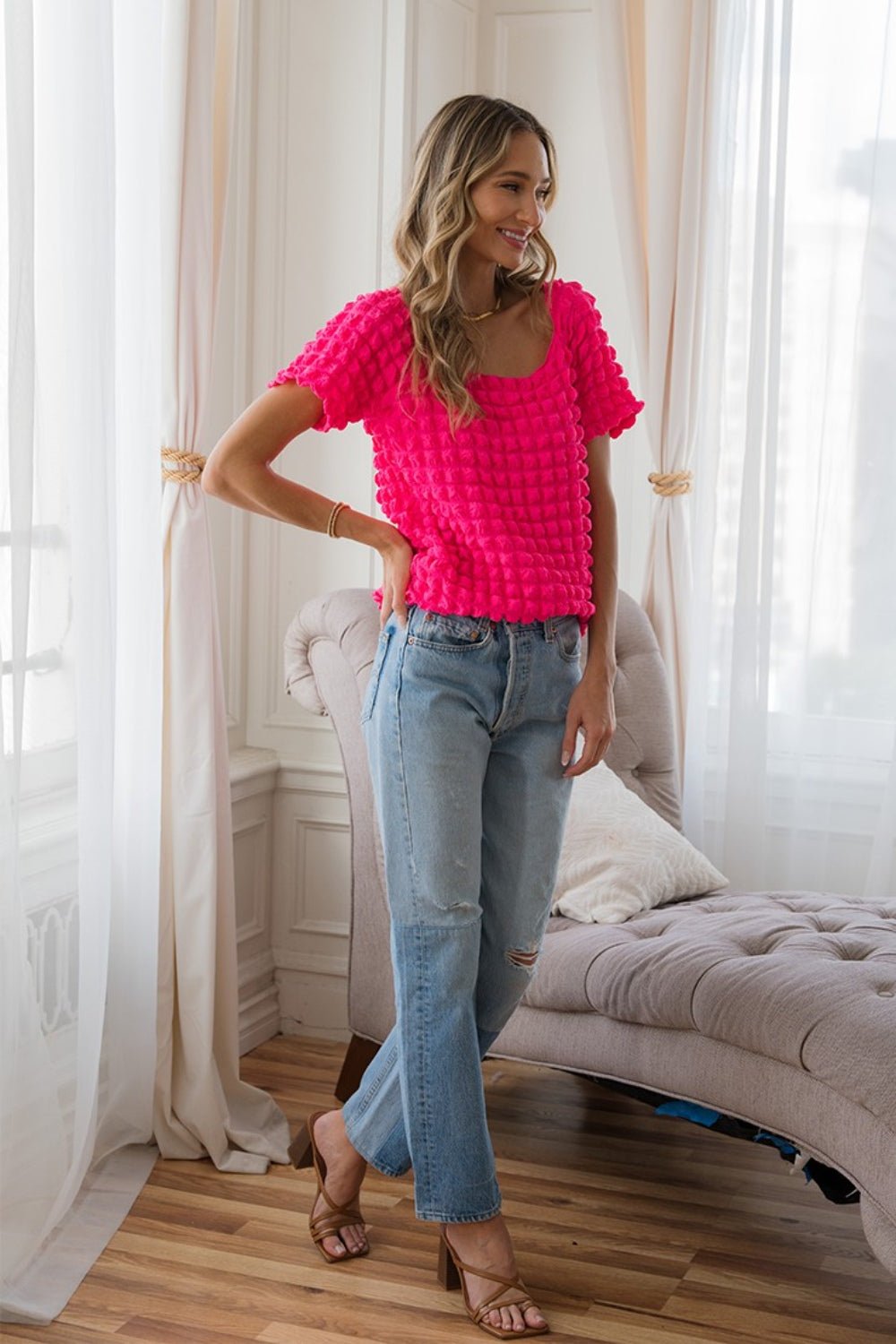 Sew In Love Bubble Textured Round Neck Short Sleeve T - Shirt - Top - HOTPINK - Bella Bourget