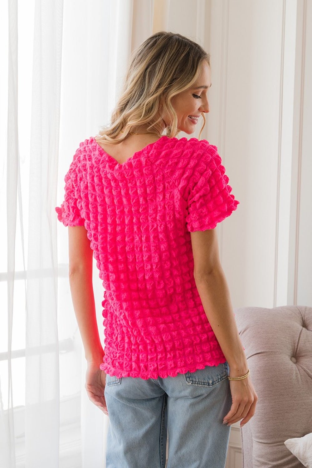 Sew In Love Bubble Textured Round Neck Short Sleeve T - Shirt - Top - HOTPINK - Bella Bourget