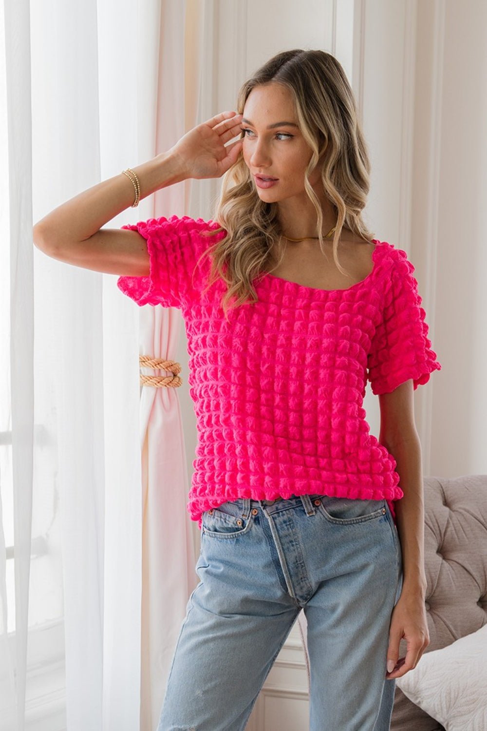 Sew In Love Bubble Textured Round Neck Short Sleeve T - Shirt - Top - HOTPINK - Bella Bourget