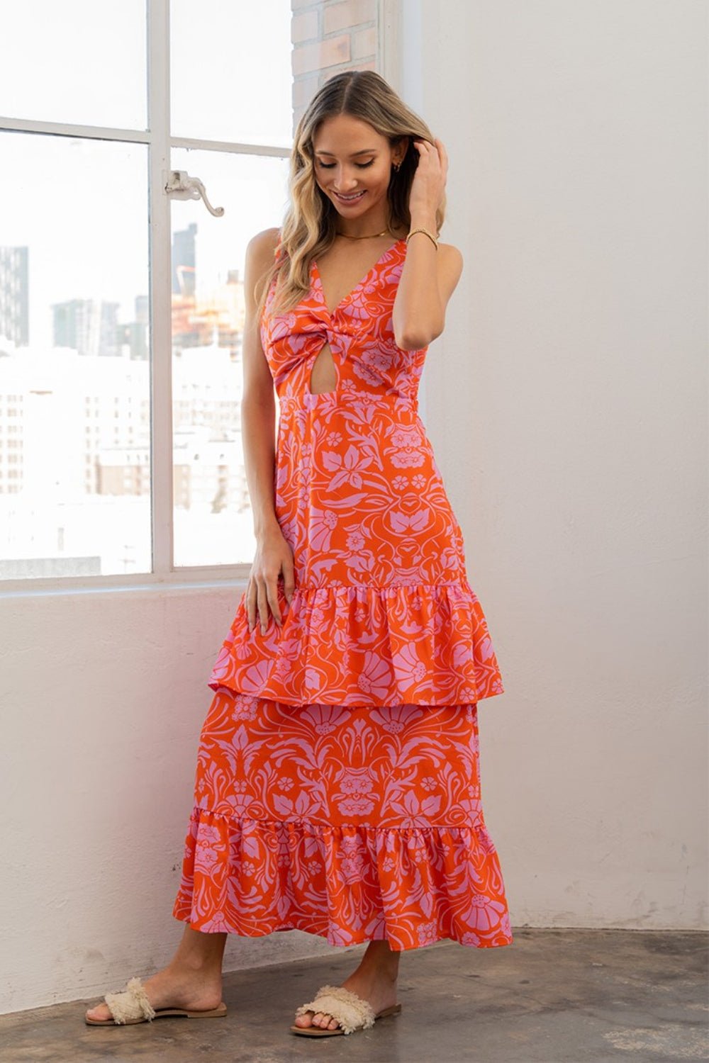 Sew In Love Full Size Floral Ruffled Maxi Sleeveless Dress - Day Dress - Orange/Violet - Bella Bourget