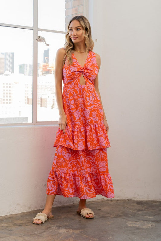 Sew In Love Full Size Floral Ruffled Maxi Sleeveless Dress - Day Dress - Orange/Violet - Bella Bourget