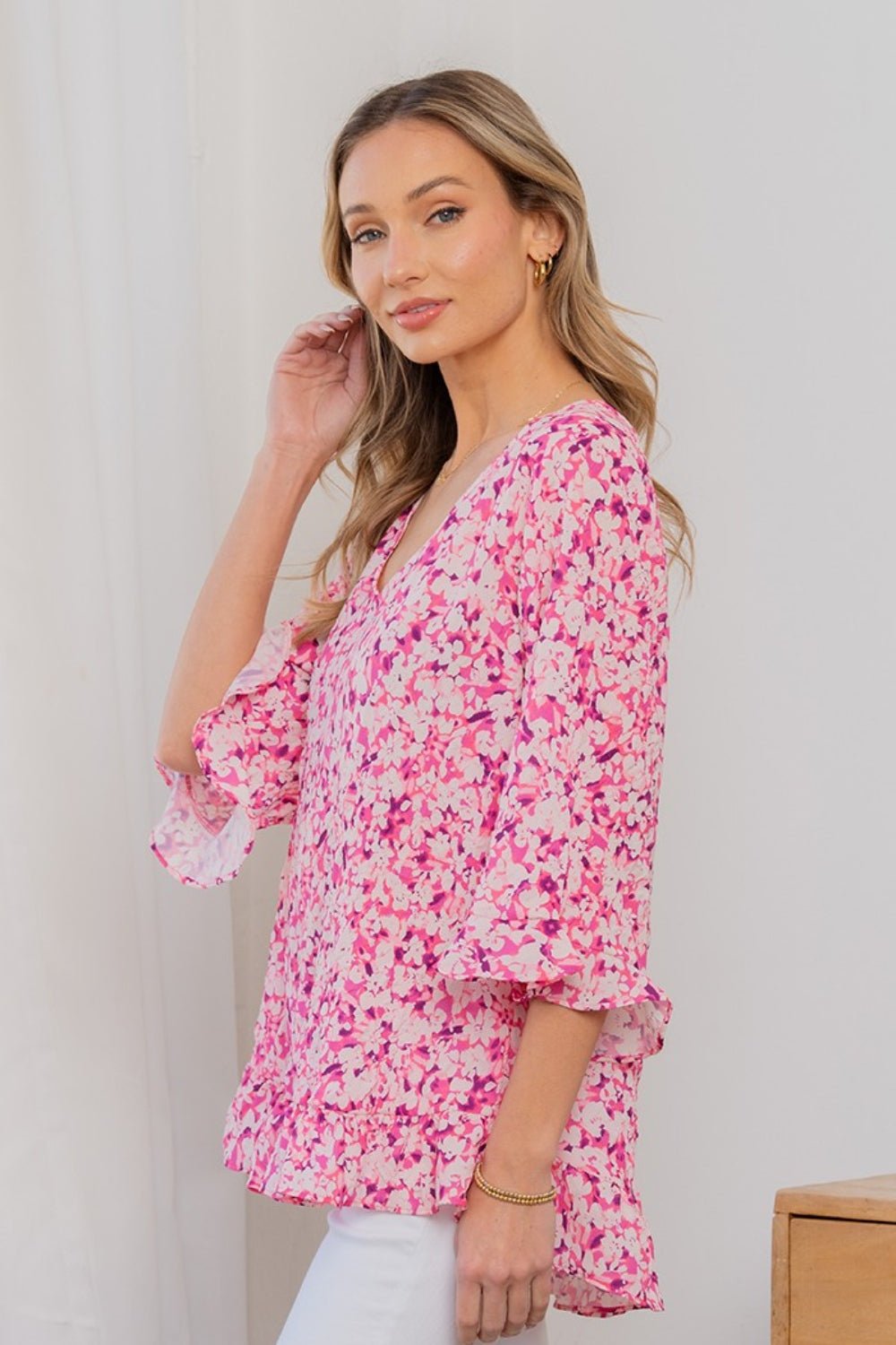 Sew In Love Full Size Floral V - Neck Flounce Sleeve Top - Top - Pink/Coral - Bella Bourget