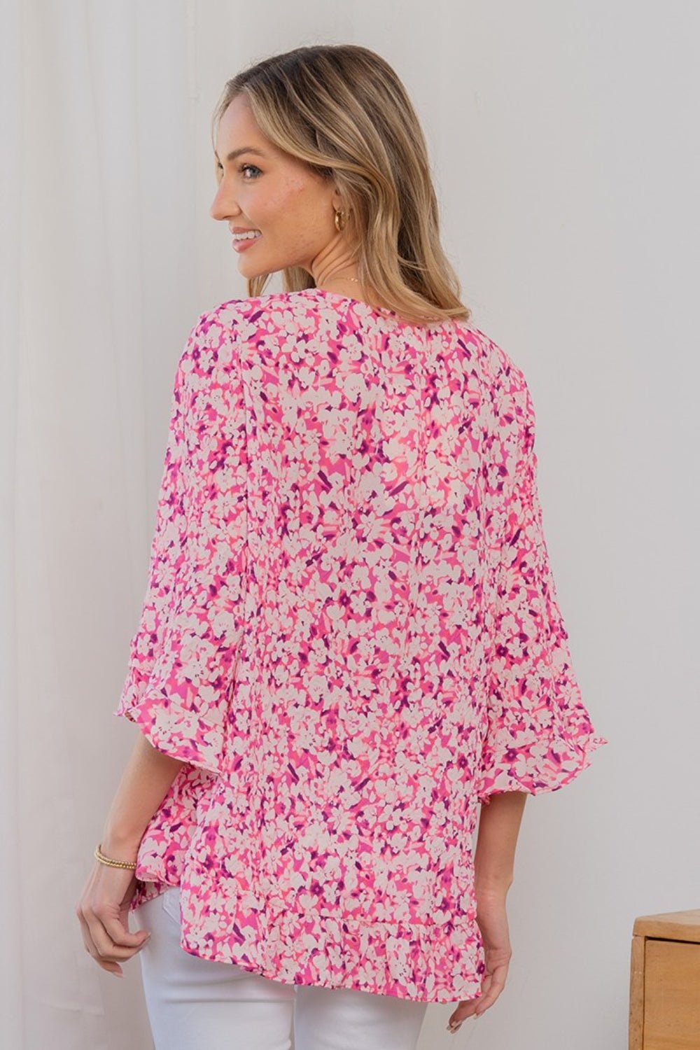 Sew In Love Full Size Floral V - Neck Flounce Sleeve Top - Top - Pink/Coral - Bella Bourget