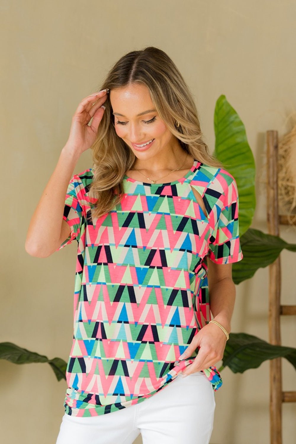 Sew In Love Full Size Geometric Round Neck Top - Top - Green/N.Pink - Bella Bourget