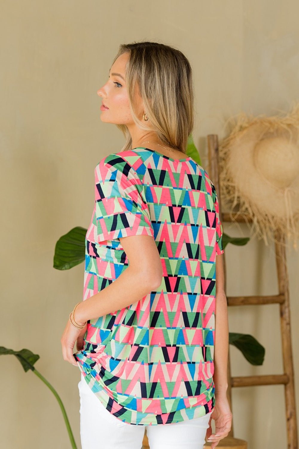 Sew In Love Full Size Geometric Round Neck Top - Top - Green/N.Pink - Bella Bourget