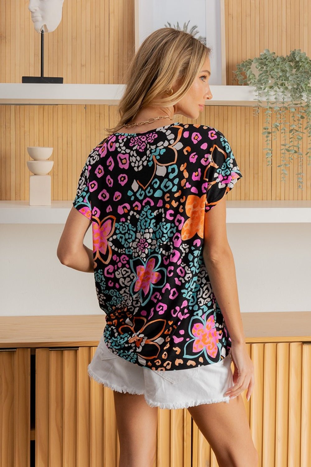 Sew In Love Full Size Printed Short Sleeve Top - Top - Black/Magenta - Bella Bourget