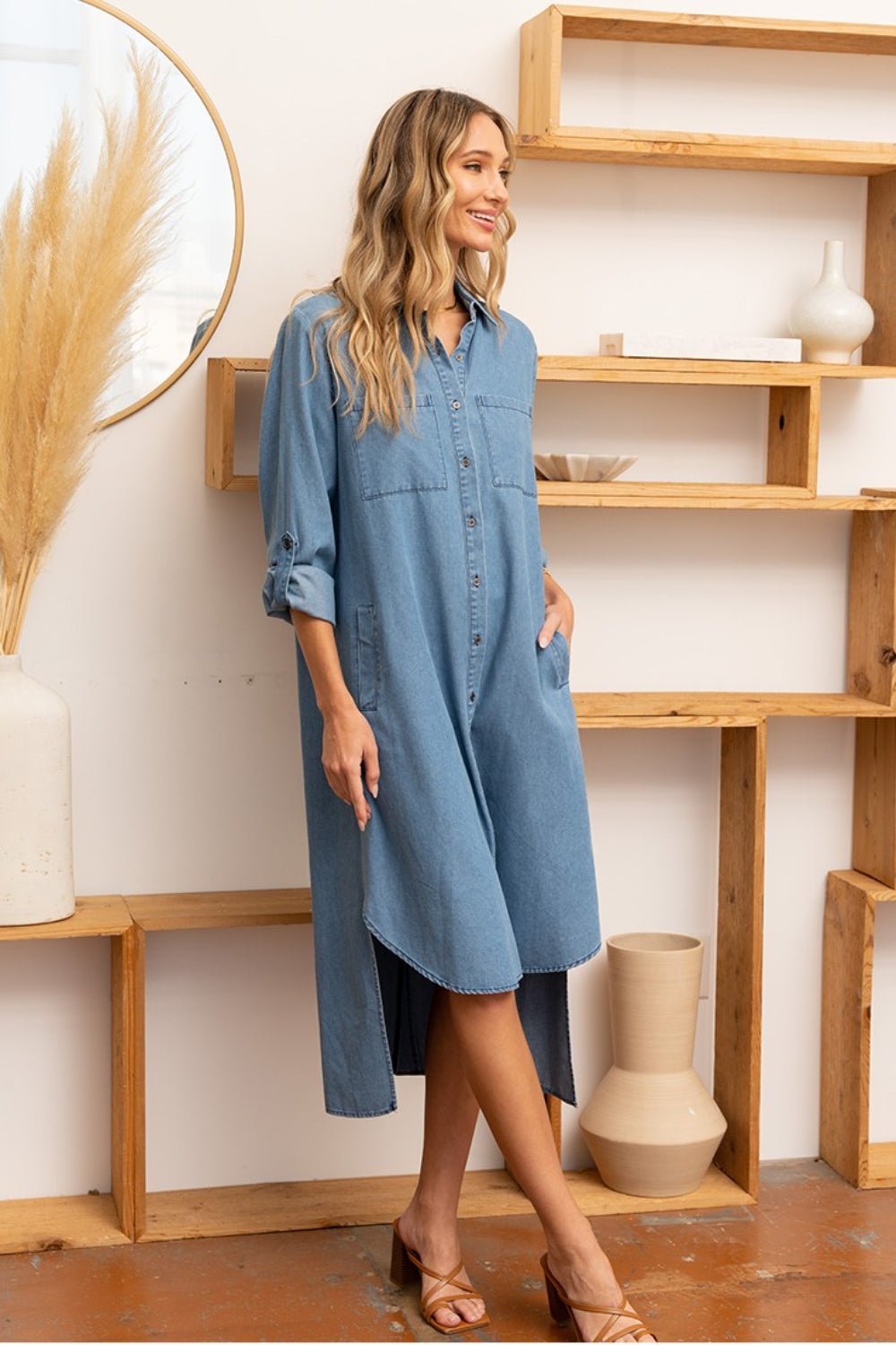 Sew In Love High - Low Button Up Roll - Tab Sleeve Denim Dress - Denim - Bella Bourget